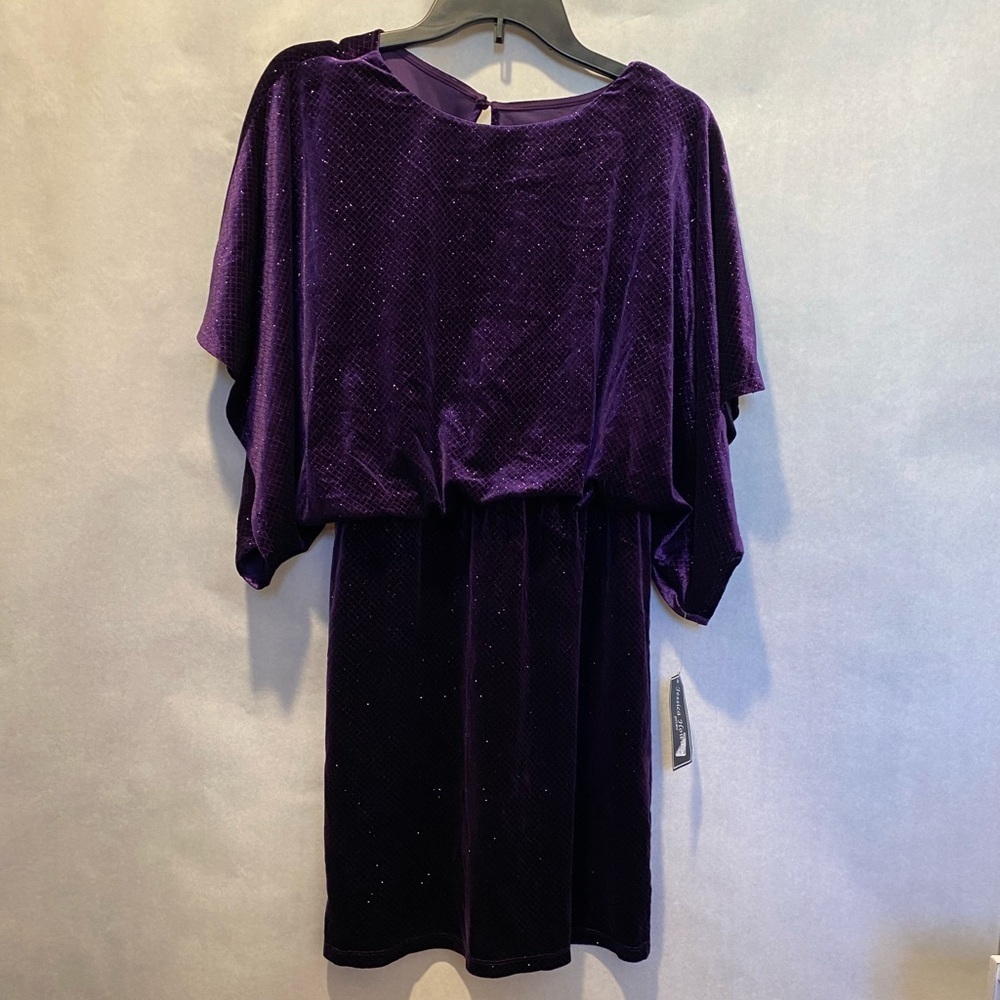 NWT Jessica Howard Purple Glitter Velvet Cocktail Dress Petite 10 Cape Sleeve - Picture 12 of 15